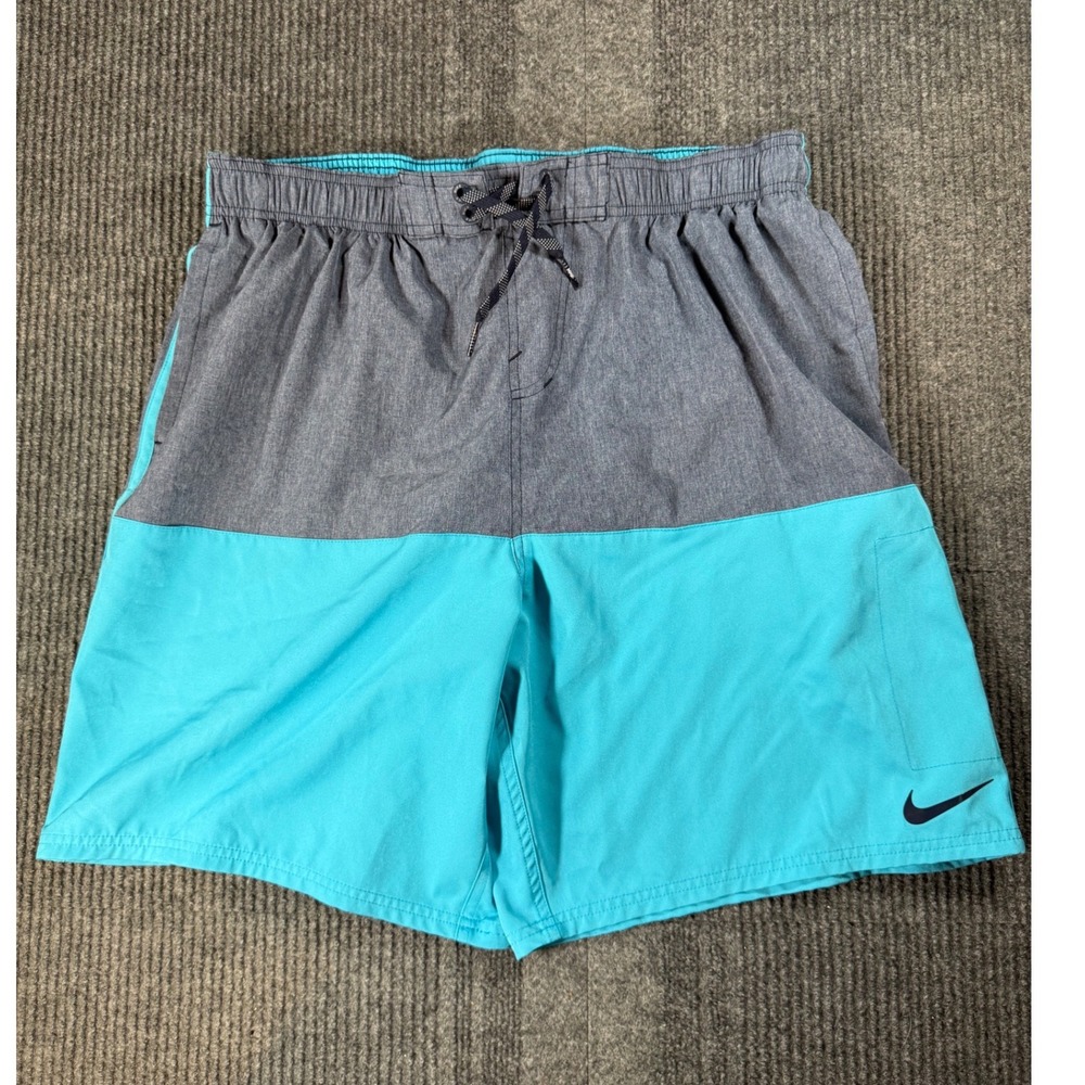 Nike Men Swim Trunks XXL Gray Teal Color Block Mesh Liner Board Short 9in Inseam